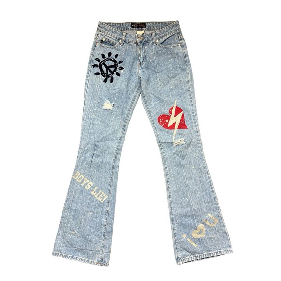 Y2K It Jeans Pant Splatter Flare Blue Jeans Low Rise Grunge Skater Sz 3 - Picture 1 of 7